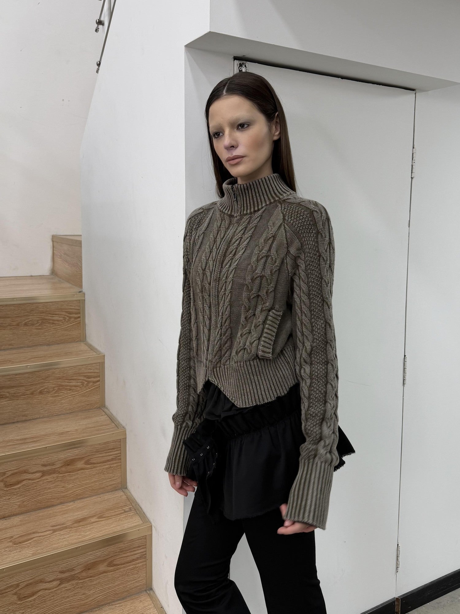 popoop Washed Brown Green Cable Knit Zip Stand Collar Women&