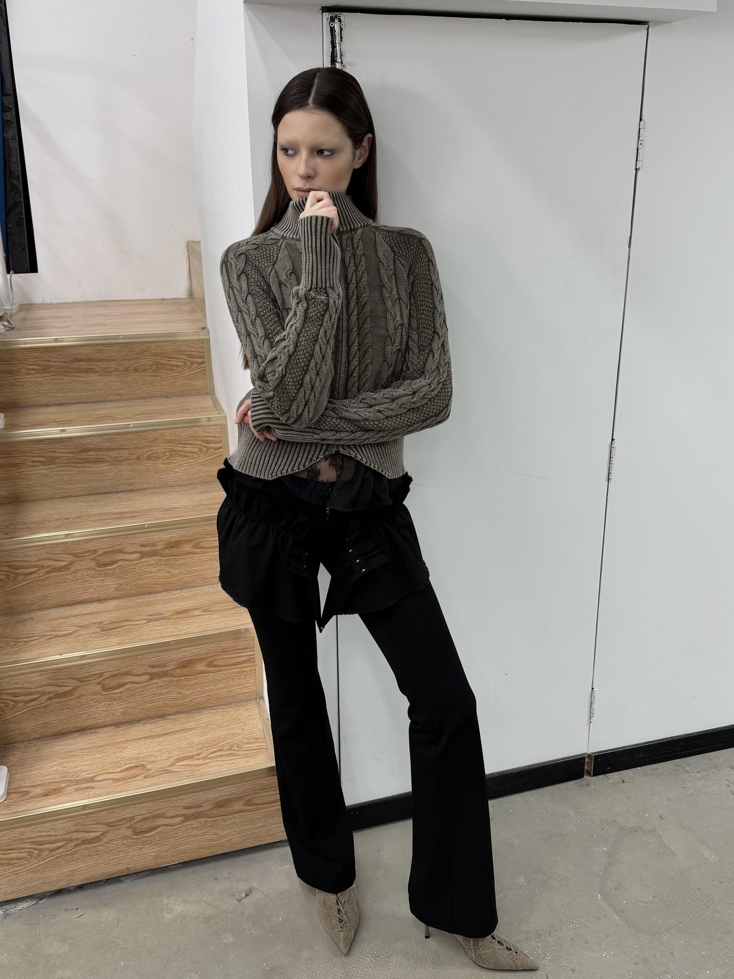 popoop Washed Brown Green Cable Knit Zip Stand Collar Women&