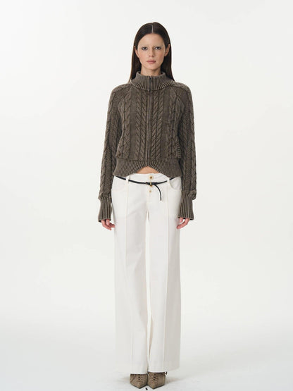 popoop Washed Brown Green Cable Knit Zip Stand Collar Women&