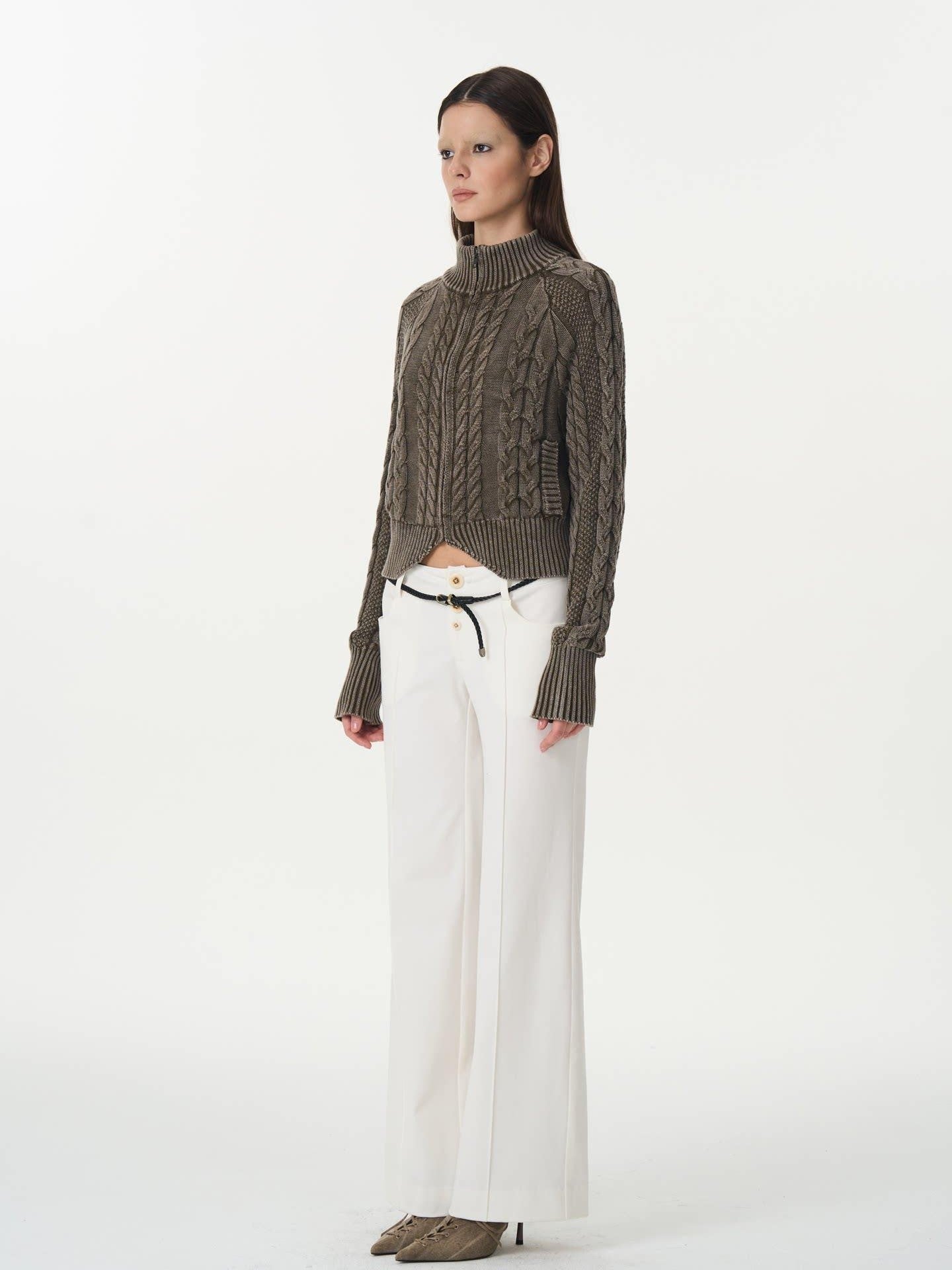 popoop Washed Brown Green Cable Knit Zip Stand Collar Women&