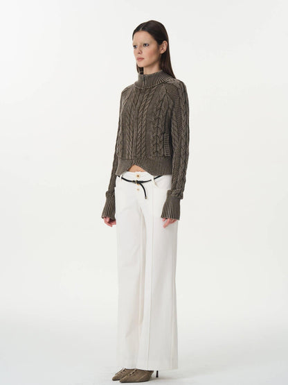 popoop Washed Brown Green Cable Knit Zip Stand Collar Women&