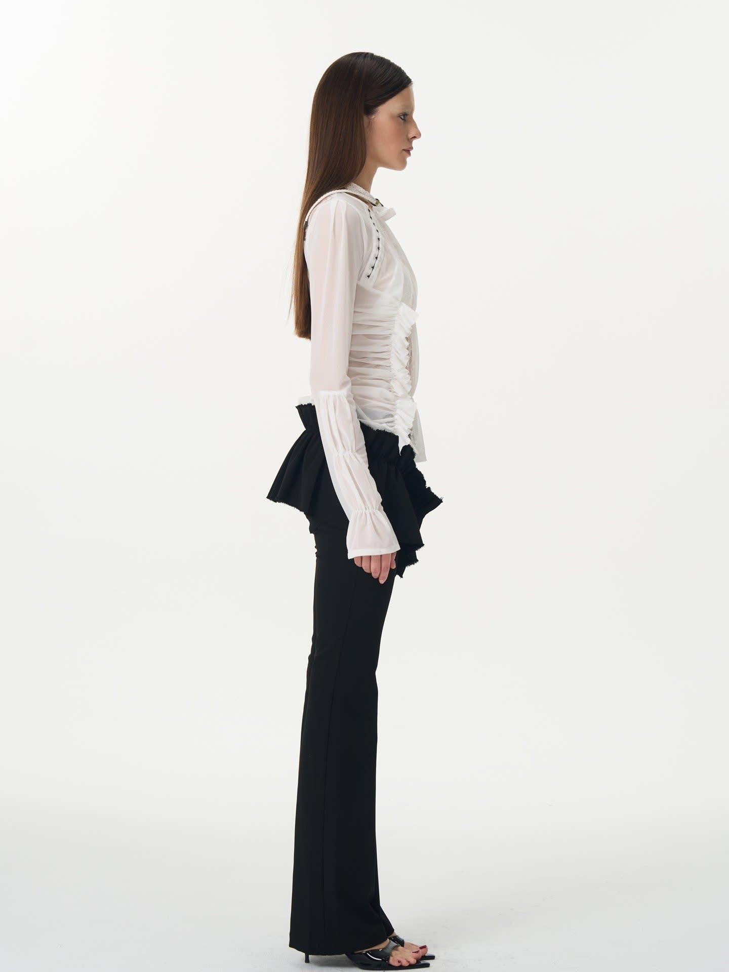 popoop White Hook Button Mesh Lace Ruched Women&