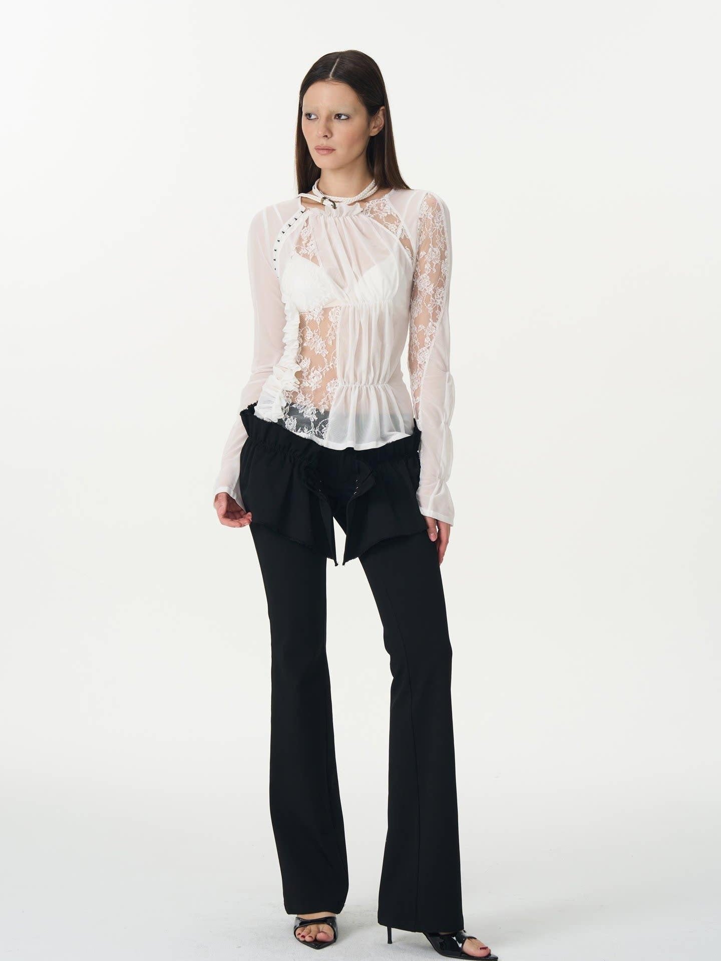 popoop White Hook Button Mesh Lace Ruched Women&