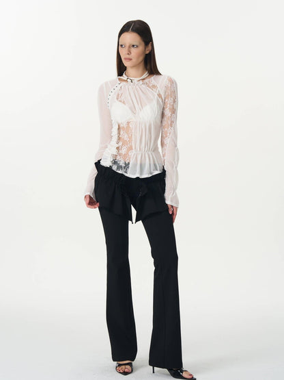 popoop White Hook Button Mesh Lace Ruched Women&