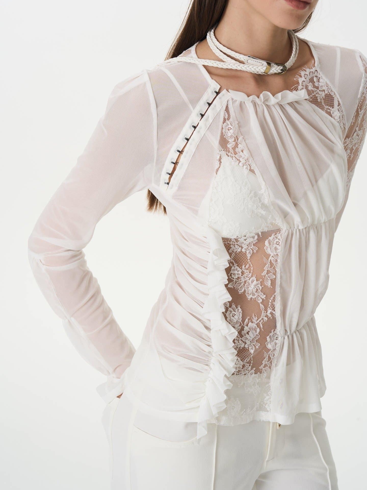 popoop White Hook Button Mesh Lace Ruched Women&