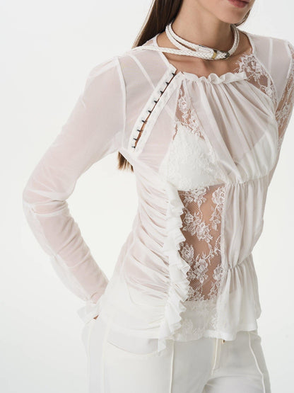 popoop White Hook Button Mesh Lace Ruched Women&