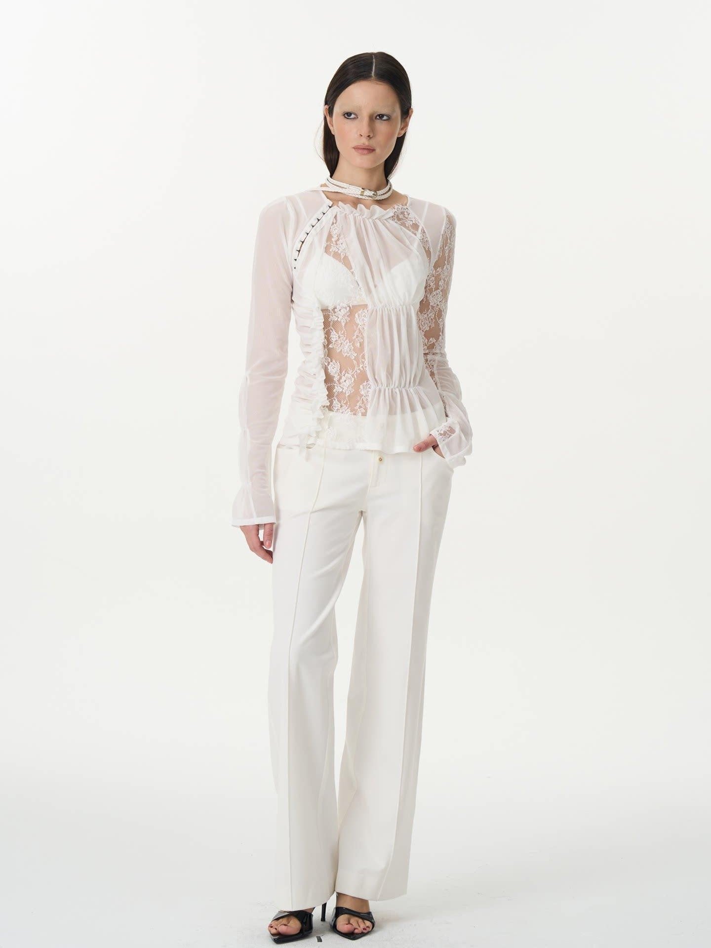 popoop White Hook Button Mesh Lace Ruched Women&