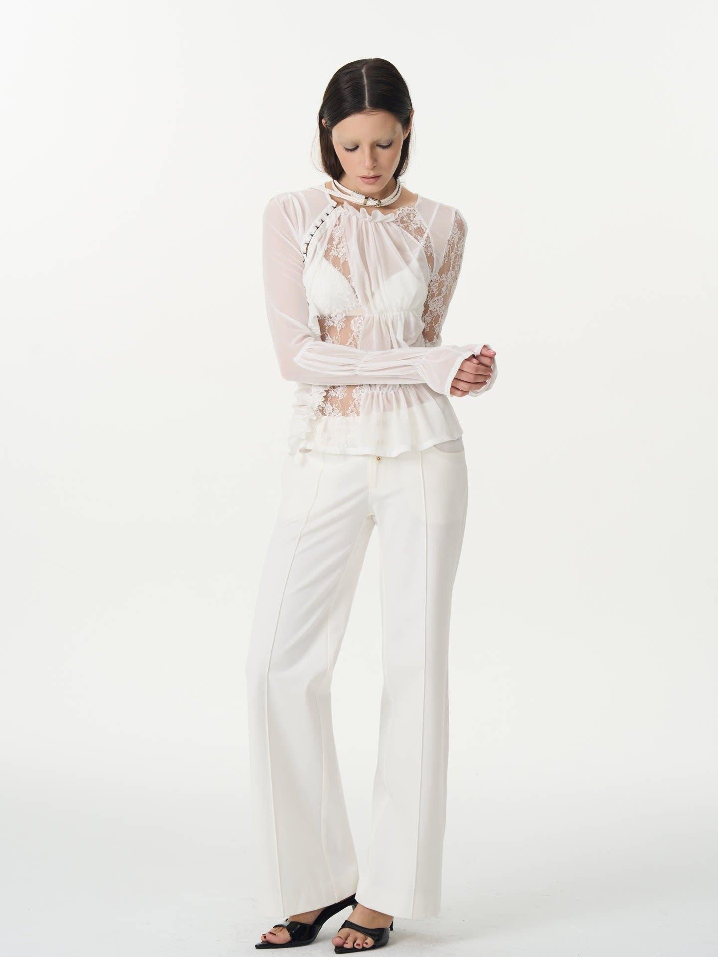 popoop White Hook Button Mesh Lace Ruched Women&