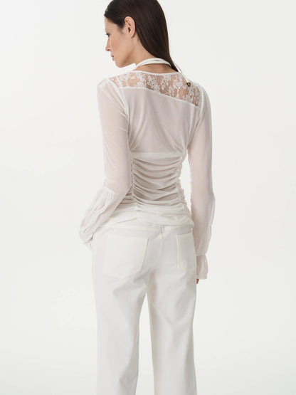 popoop White Hook Button Mesh Lace Ruched Women&
