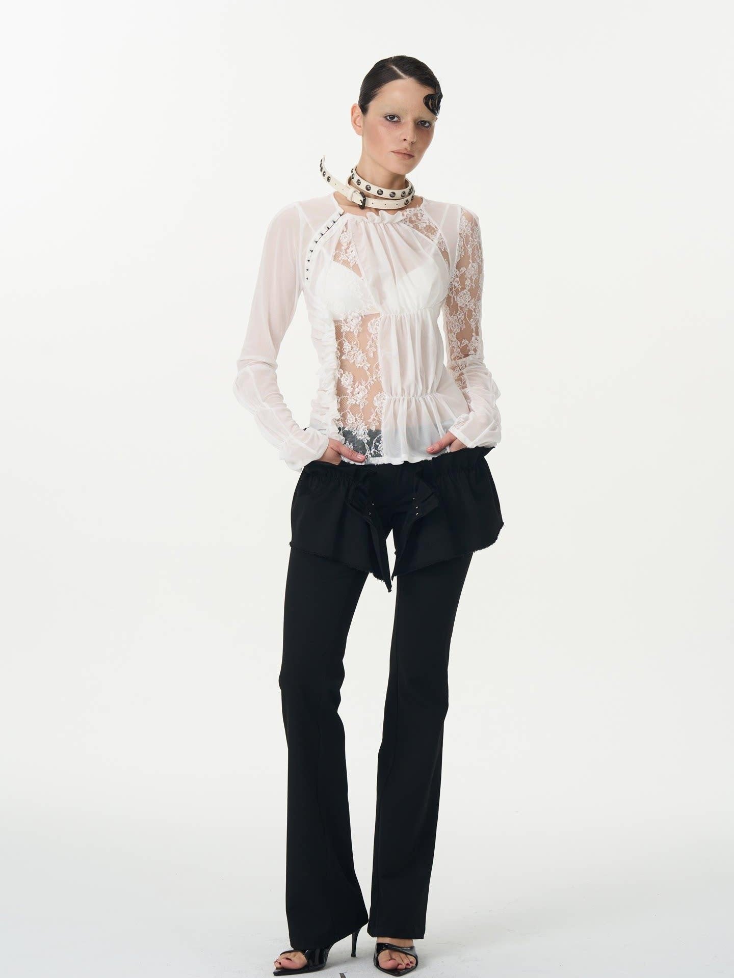 popoop White Hook Button Mesh Lace Ruched Women&