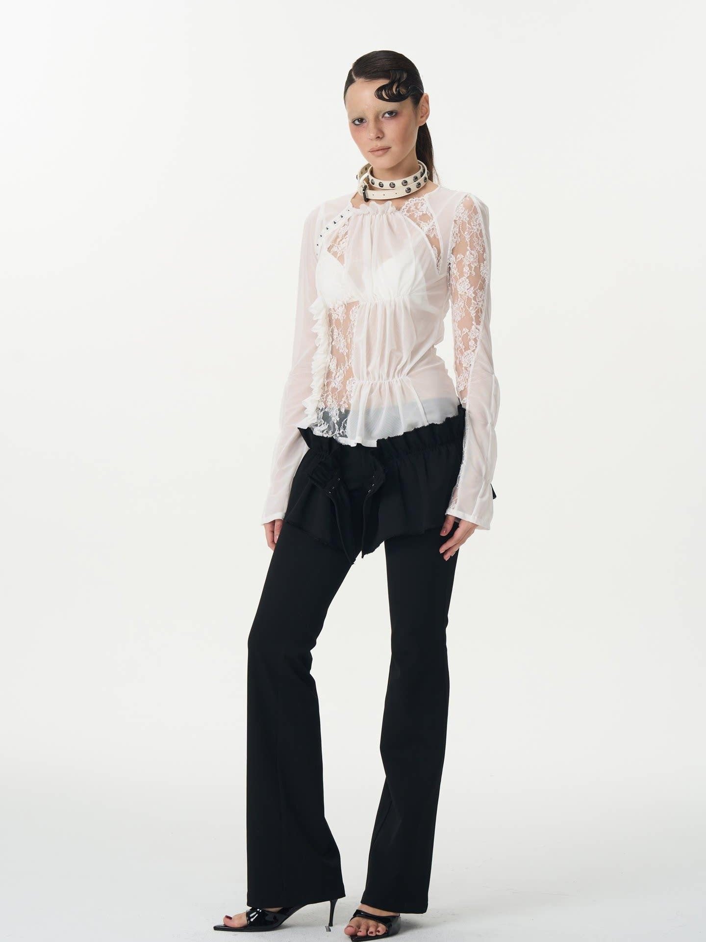 popoop White Hook Button Mesh Lace Ruched Women&