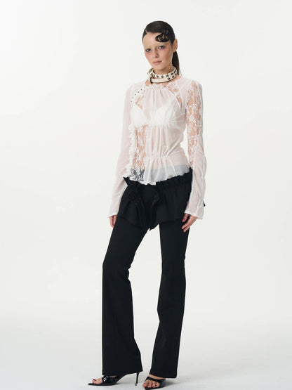popoop White Hook Button Mesh Lace Ruched Women&