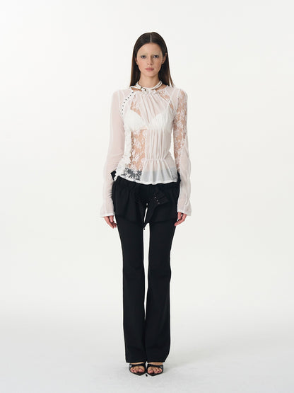 popoop White Hook Button Mesh Lace Ruched Women&