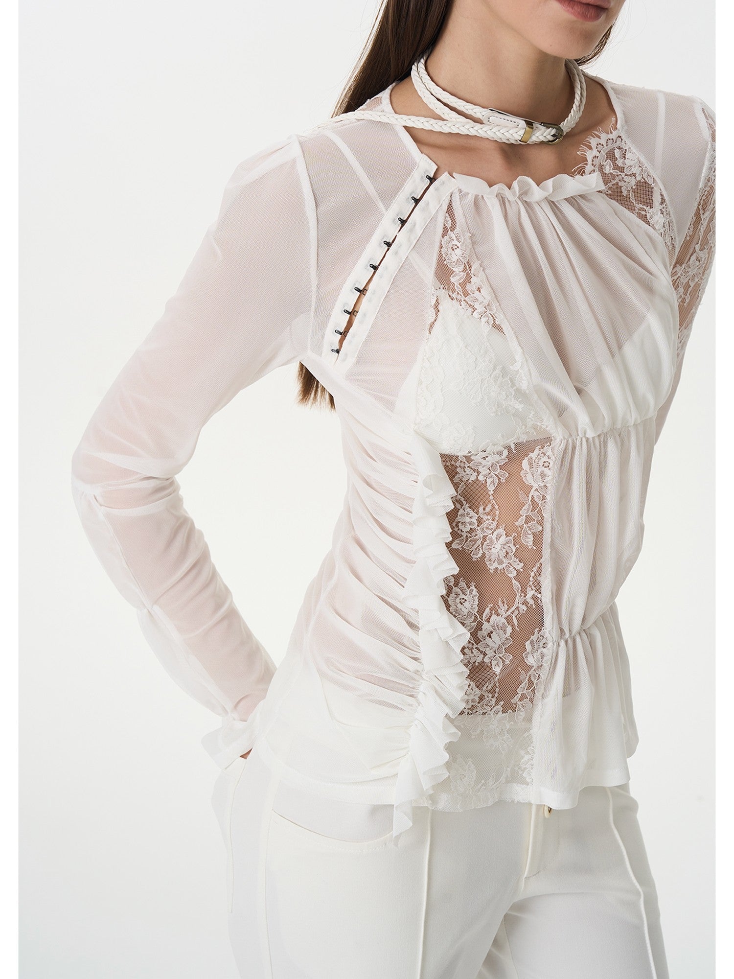 popoop White Hook Button Mesh Lace Ruched Women&