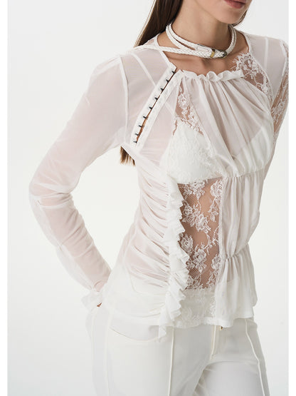 popoop White Hook Button Mesh Lace Ruched Women&
