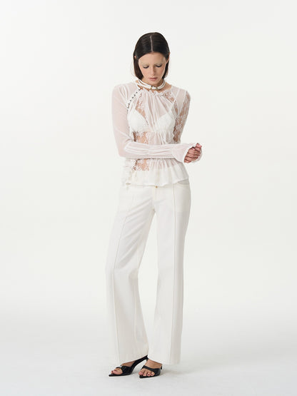 popoop White Hook Button Mesh Lace Ruched Women&