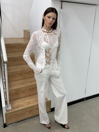popoop White Hook Button Mesh Lace Ruched Women&