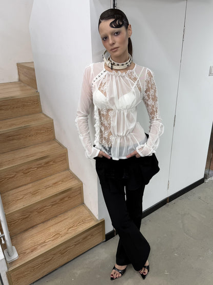 popoop White Hook Button Mesh Lace Ruched Women&