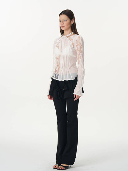popoop White Hook Button Mesh Lace Ruched Women&