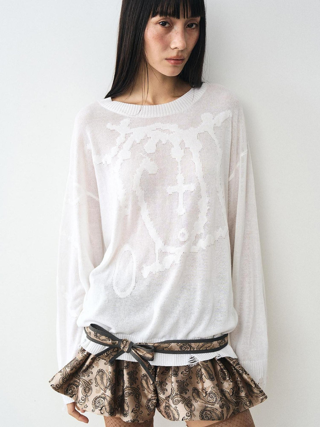 popoop White Jacquard Sheer Distressed Hem Women&