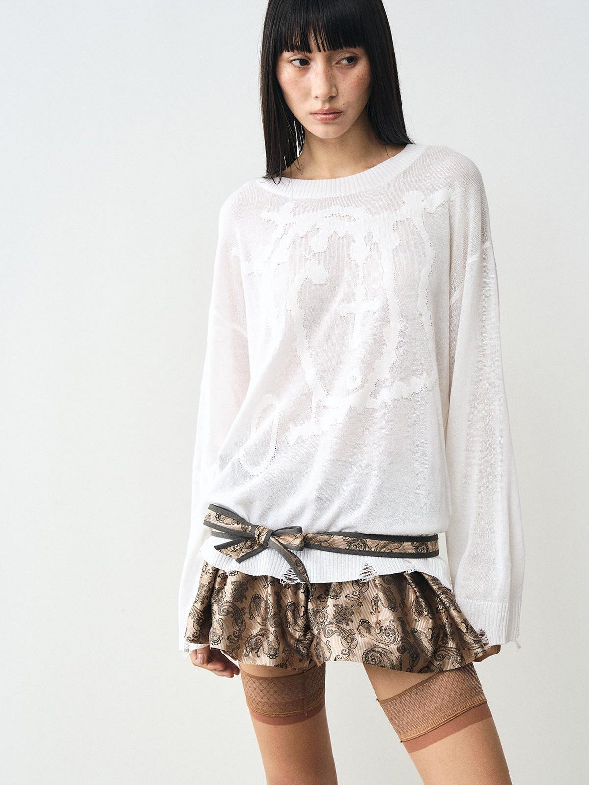 popoop White Jacquard Sheer Distressed Hem Women&