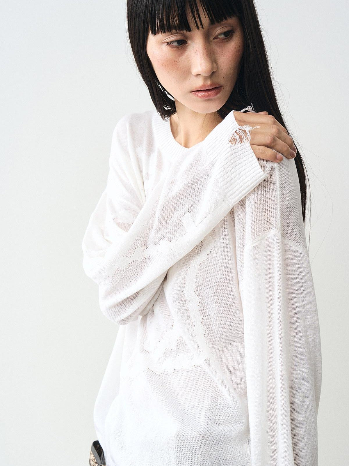 popoop White Jacquard Sheer Distressed Hem Women&