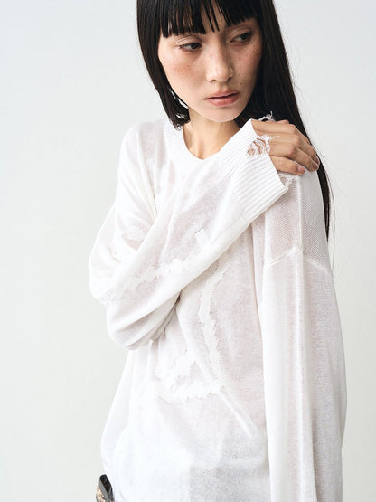popoop White Jacquard Sheer Distressed Hem Women&
