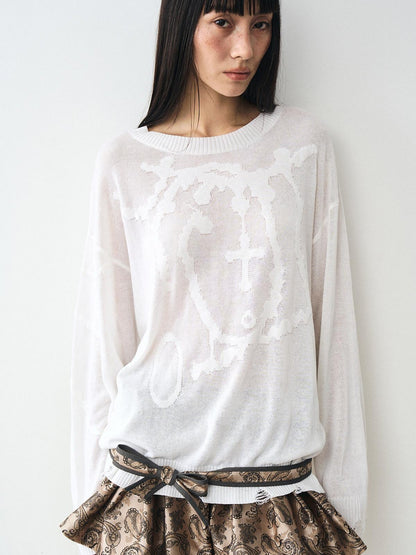 popoop White Jacquard Sheer Distressed Hem Women&