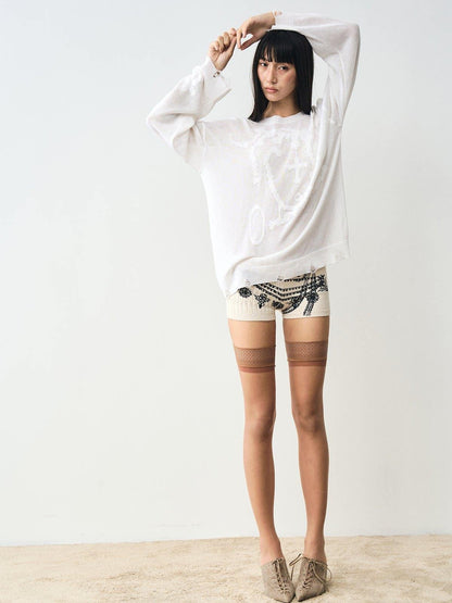 popoop White Jacquard Sheer Distressed Hem Women&