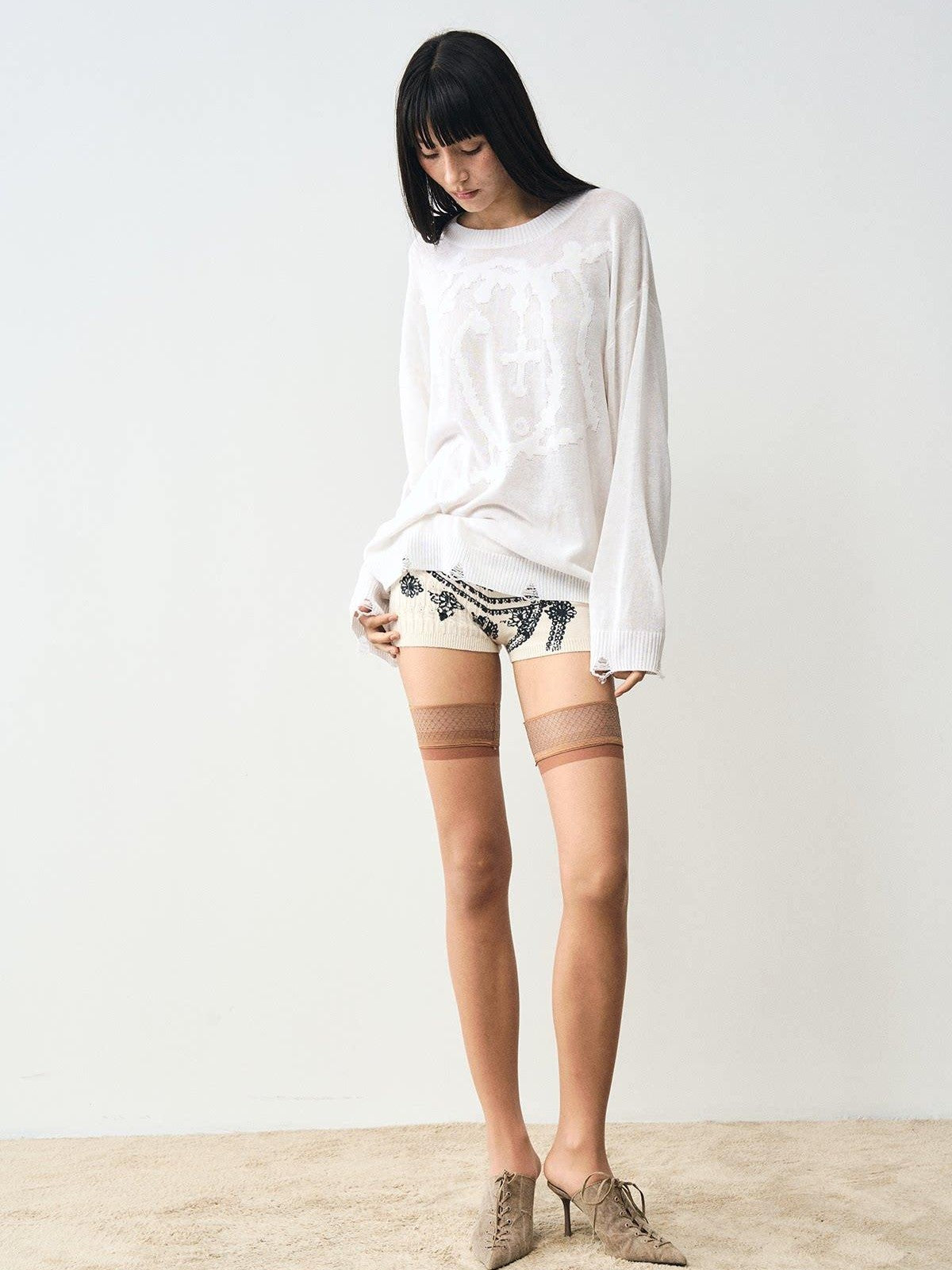 popoop White Jacquard Sheer Distressed Hem Women&