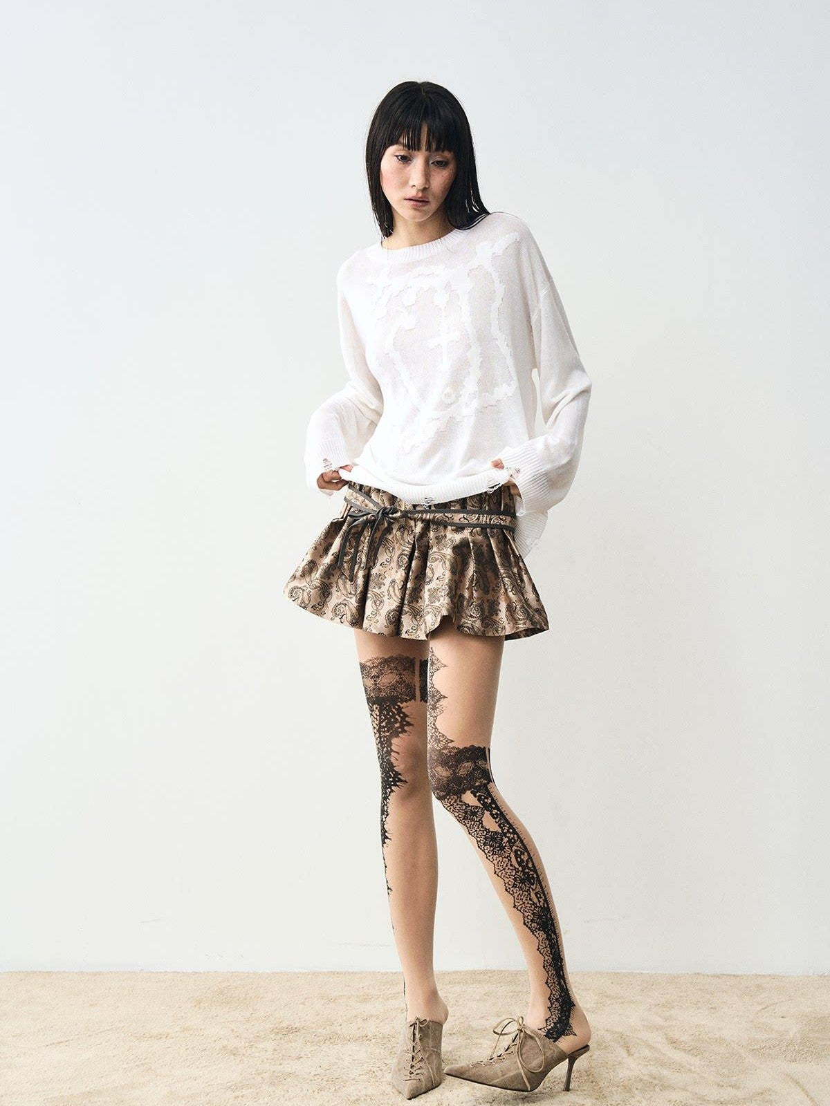popoop White Jacquard Sheer Distressed Hem Women&