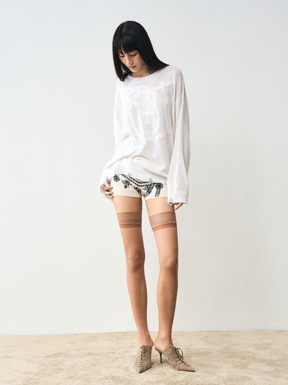 popoop White Jacquard Sheer Distressed Hem Women&