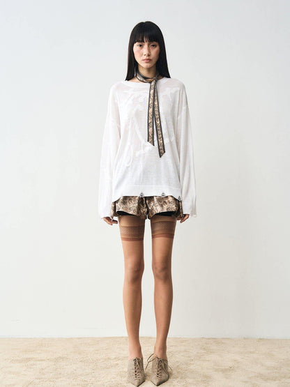 popoop White Jacquard Sheer Distressed Hem Women&