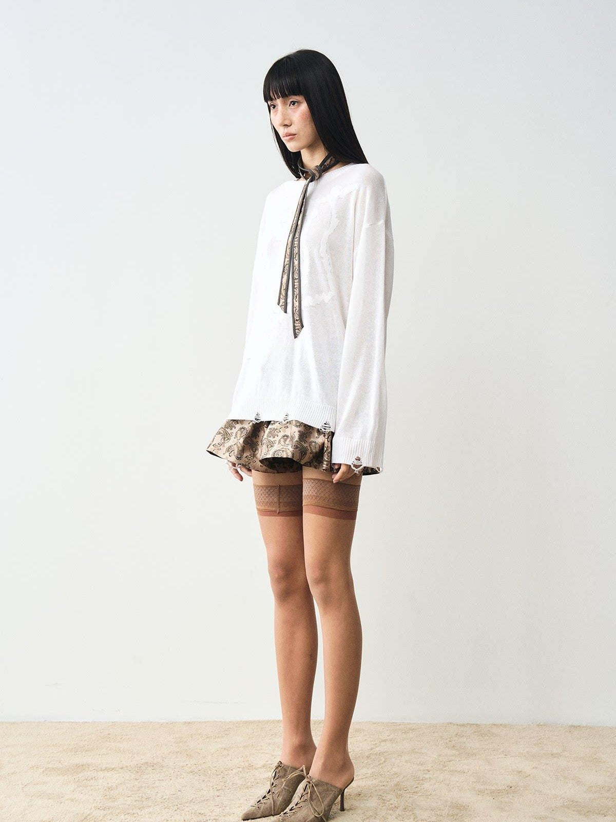 popoop White Jacquard Sheer Distressed Hem Women&