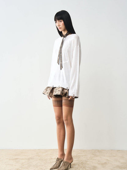 popoop White Jacquard Sheer Distressed Hem Women&