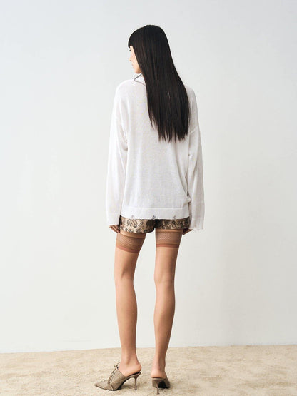 popoop White Jacquard Sheer Distressed Hem Women&