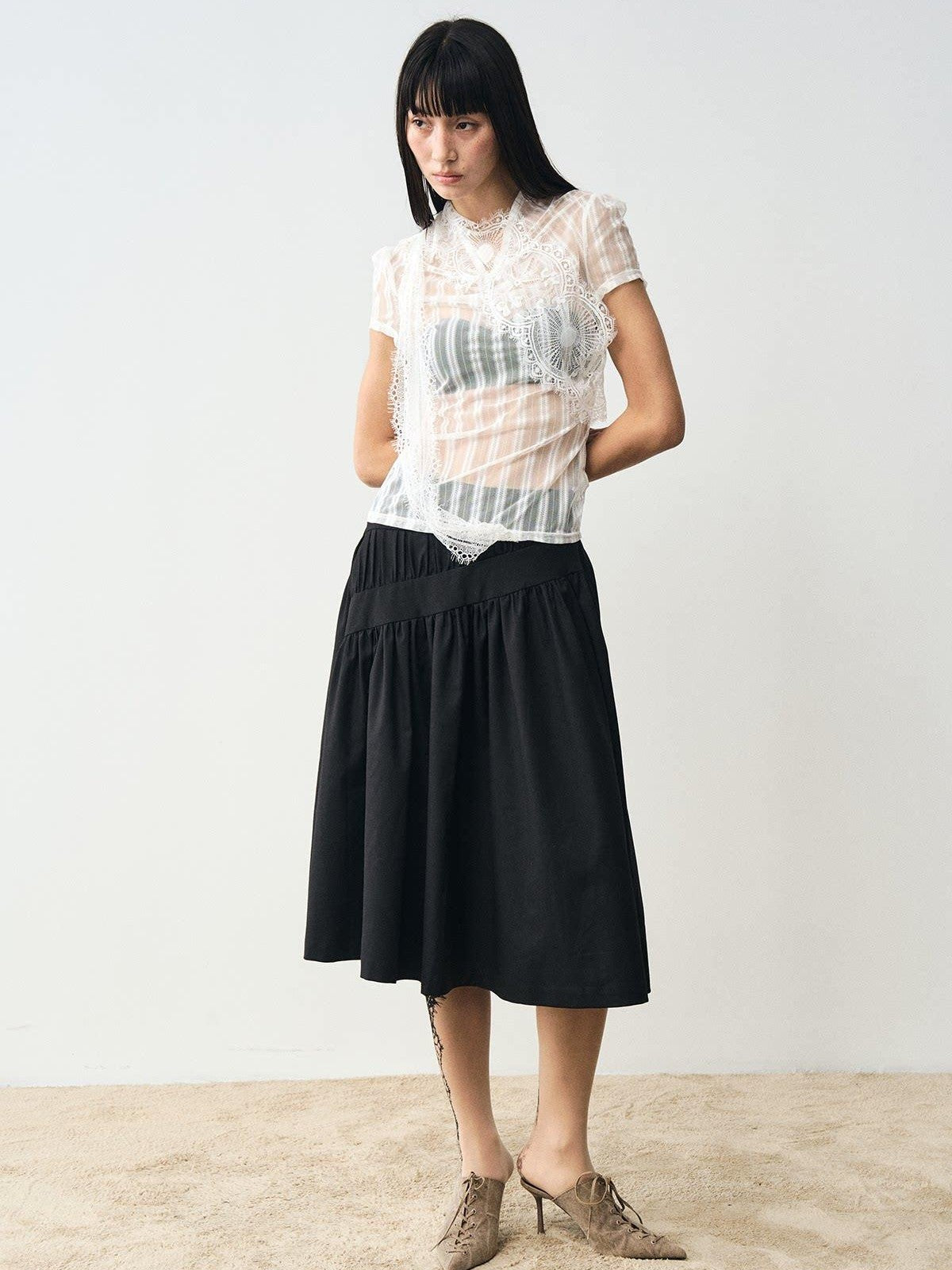 popoop White Mesh Lace Fitted Women&