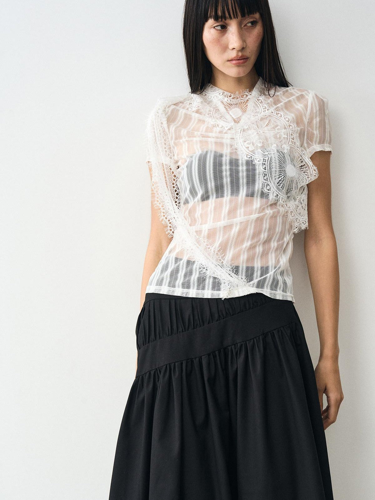 popoop White Mesh Lace Fitted Women&