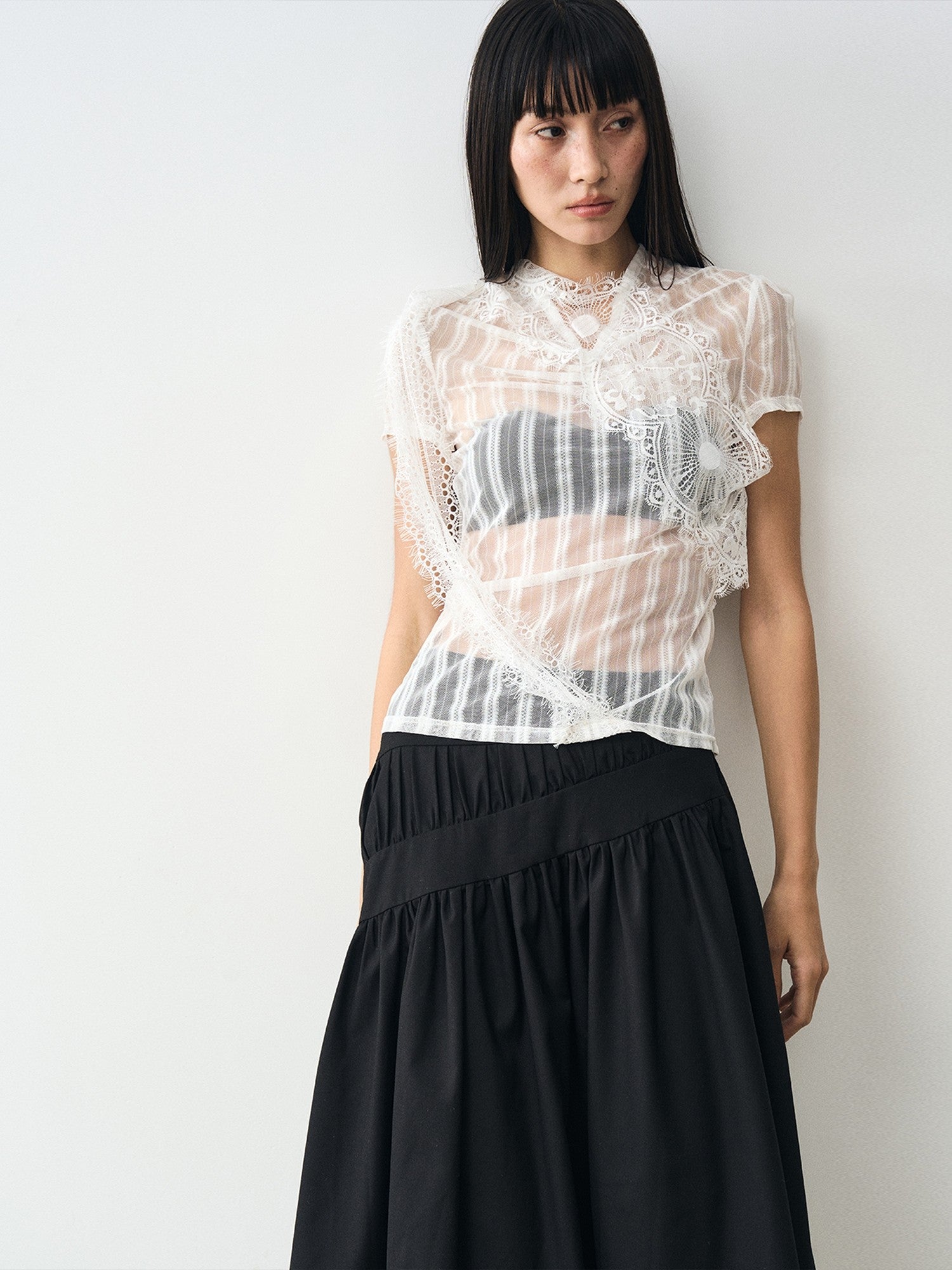 popoop White Mesh Lace Fitted Women&