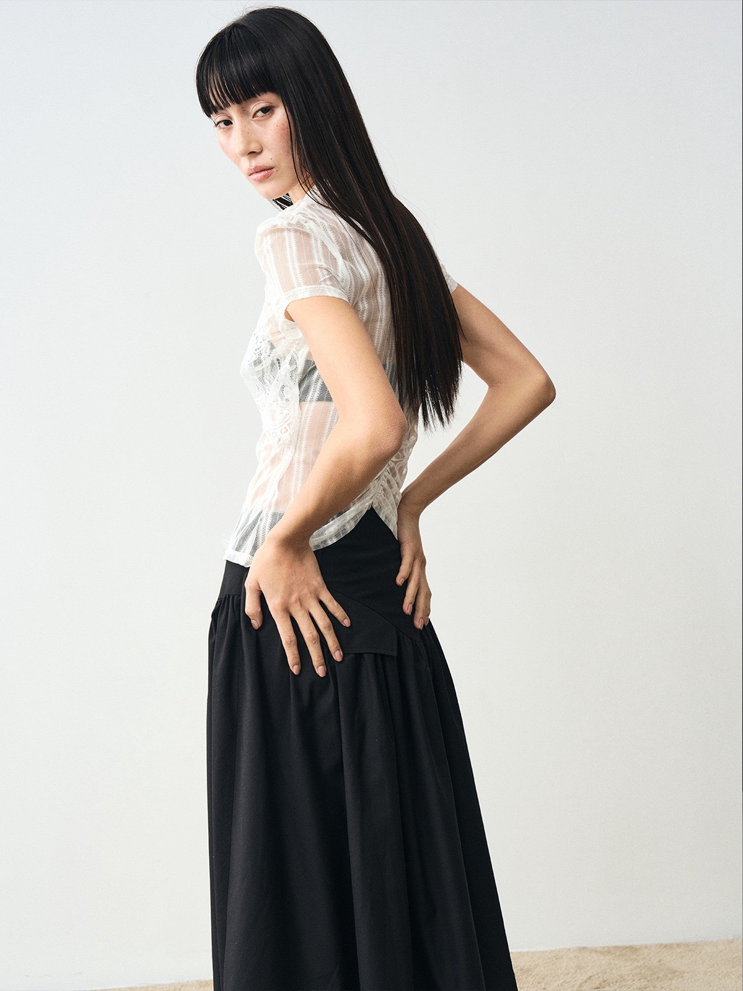 popoop White Mesh Lace Fitted Women&