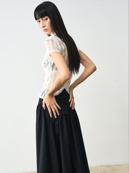 popoop White Mesh Lace Fitted Women&