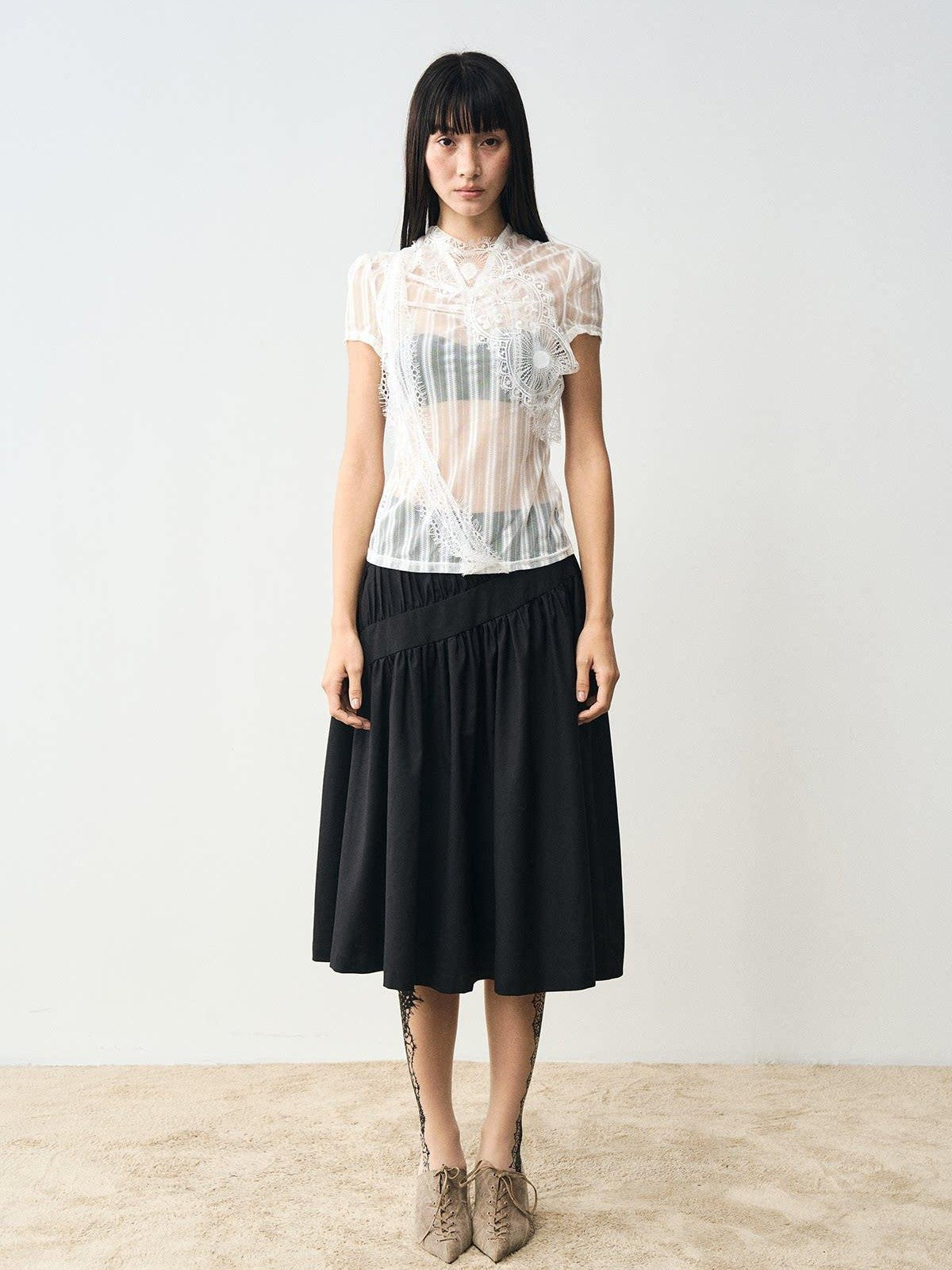 popoop White Mesh Lace Fitted Women&