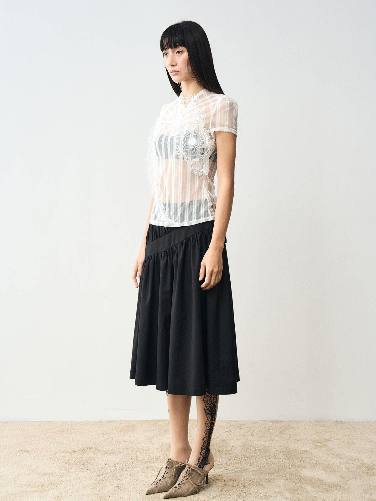popoop White Mesh Lace Fitted Women&