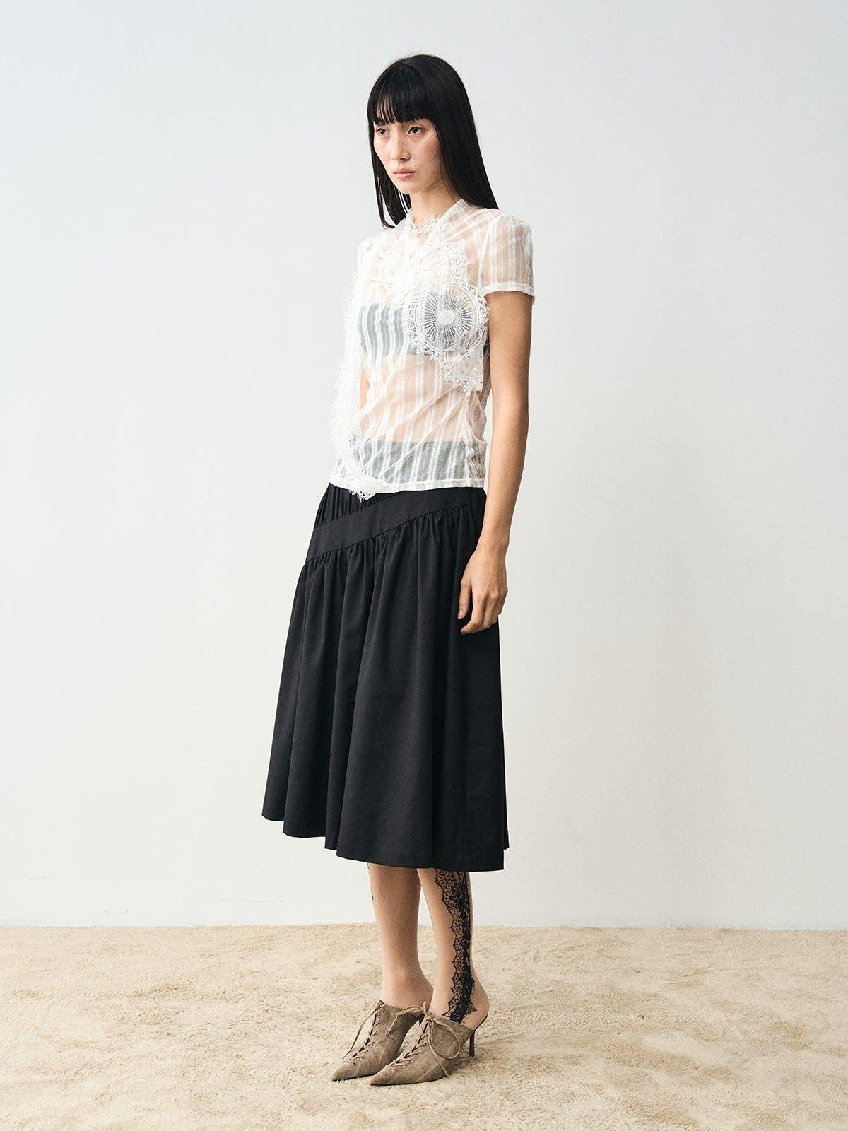 popoop White Mesh Lace Fitted Women&
