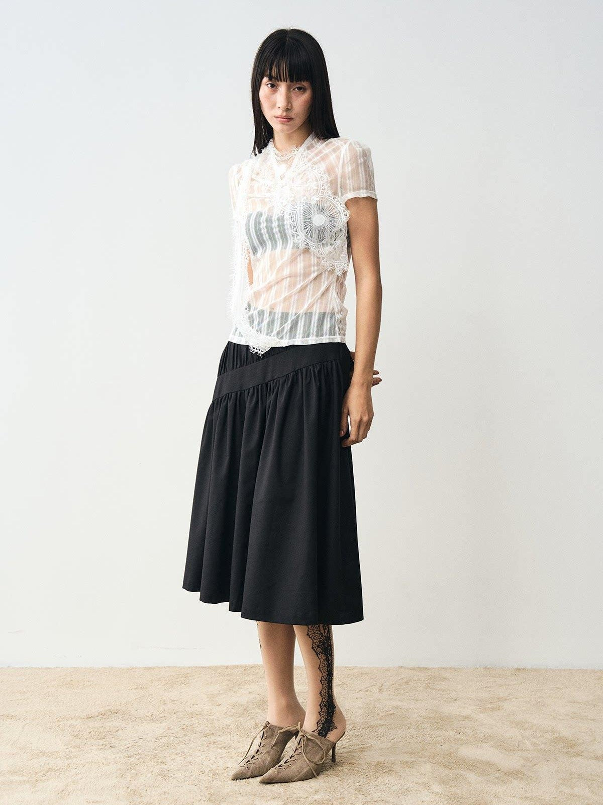 popoop White Mesh Lace Fitted Women&