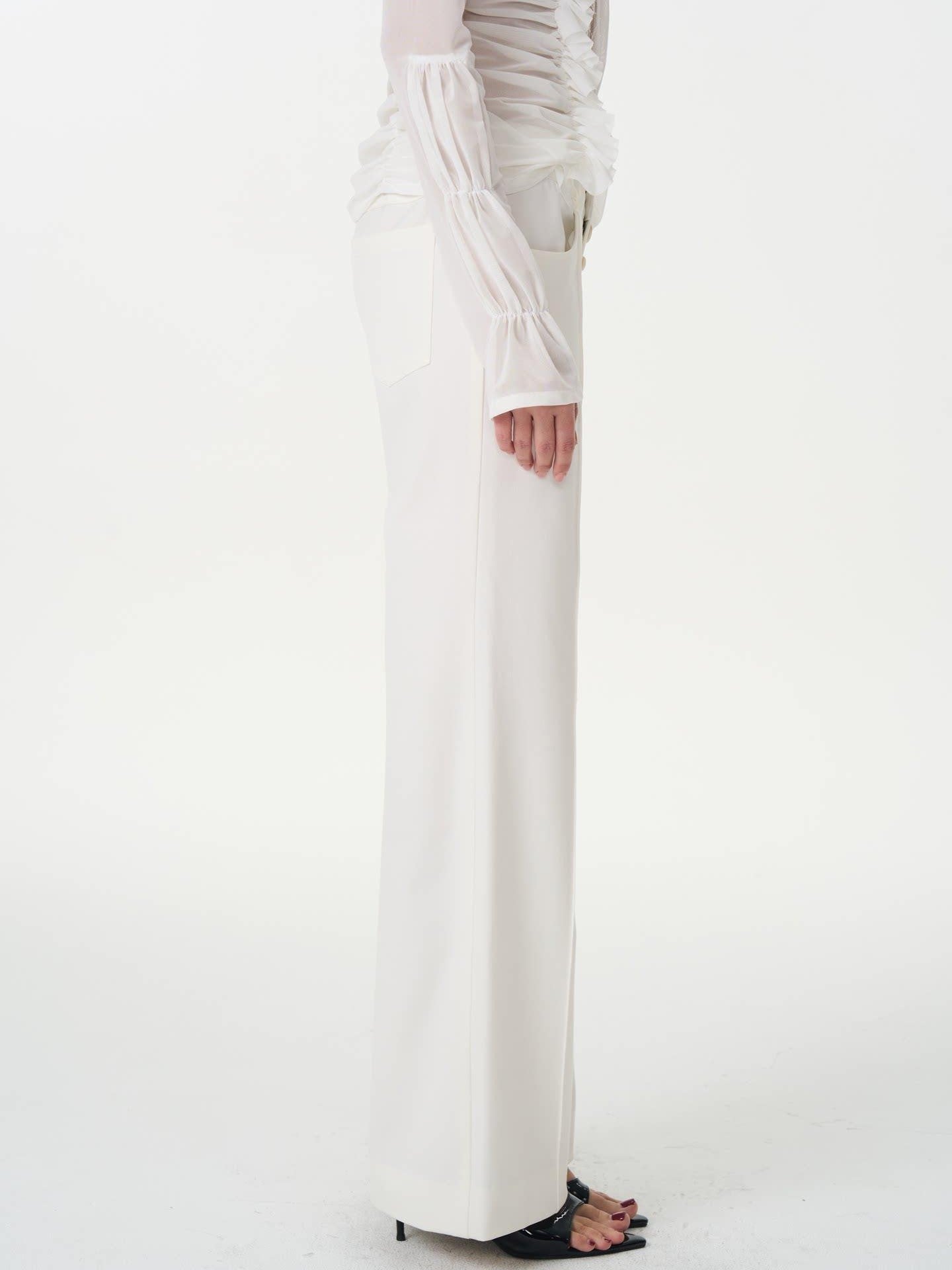 popoop White Mid Rise Relaxed Draped Silhouette Wide Leg Women&