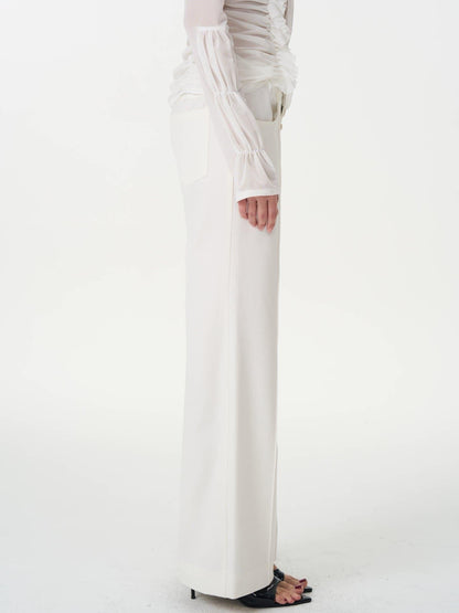 popoop White Mid Rise Relaxed Draped Silhouette Wide Leg Women&