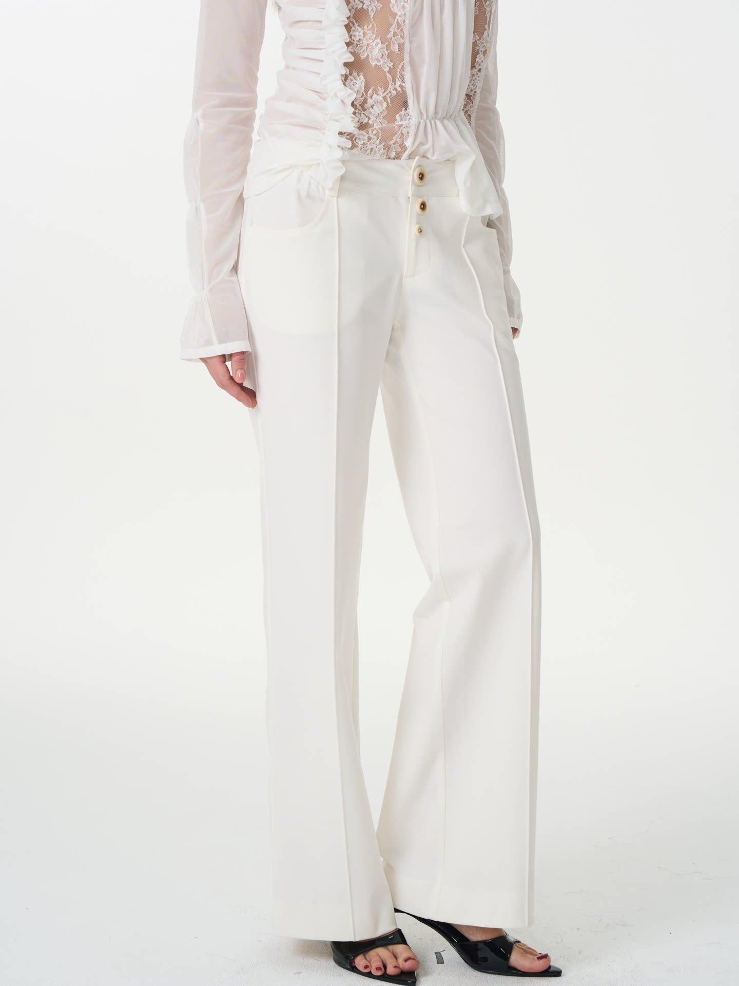 popoop White Mid Rise Relaxed Draped Silhouette Wide Leg Women&