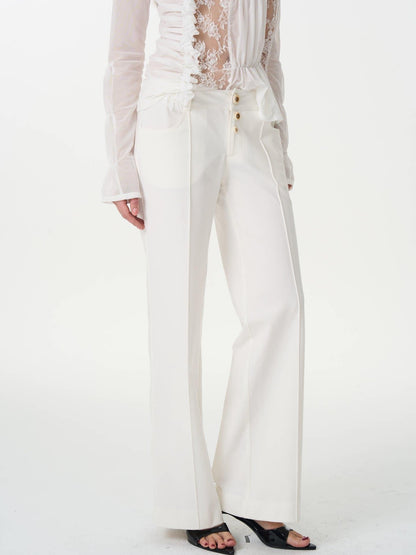 popoop White Mid Rise Relaxed Draped Silhouette Wide Leg Women&