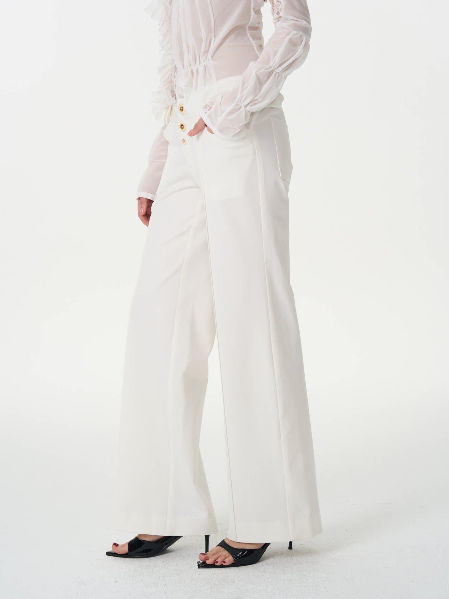 popoop White Mid Rise Relaxed Draped Silhouette Wide Leg Women&